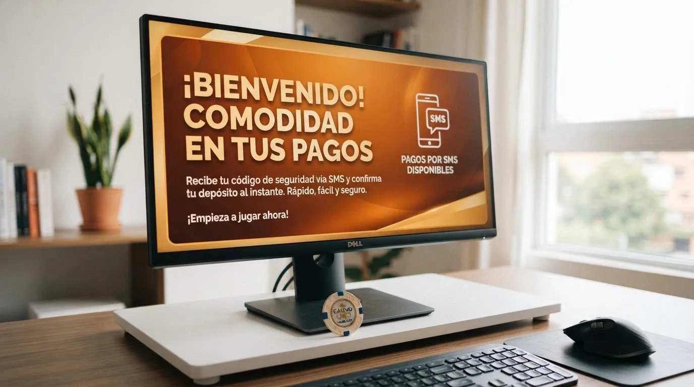 Banner de bienvenida de un casino online de lanzamiento reciente con el icono de pago por SMS visible entre sus métodos de depósito