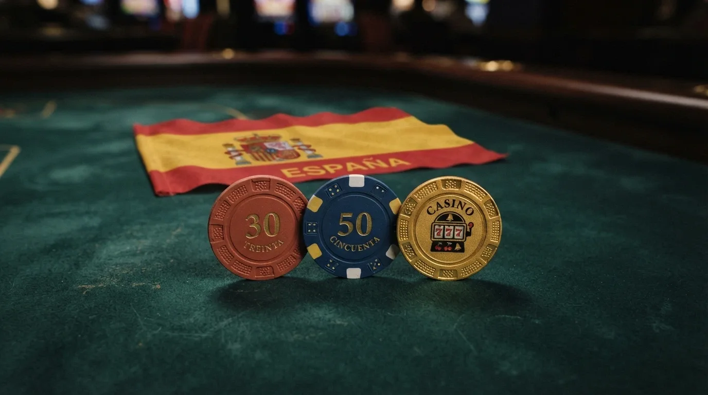 Comparativa visual de tres fichas de casino con los importes 30 €, 50 € y el icono de tiradas gratis sobre la bandera de España