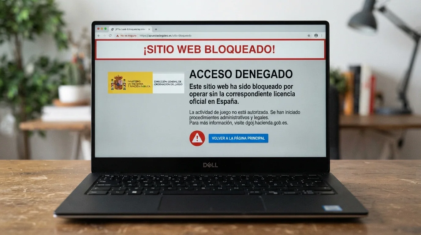 Una pantalla de ordenador mostrando un aviso de «sitio bloqueado» en español con el escudo oficial junto al mensaje