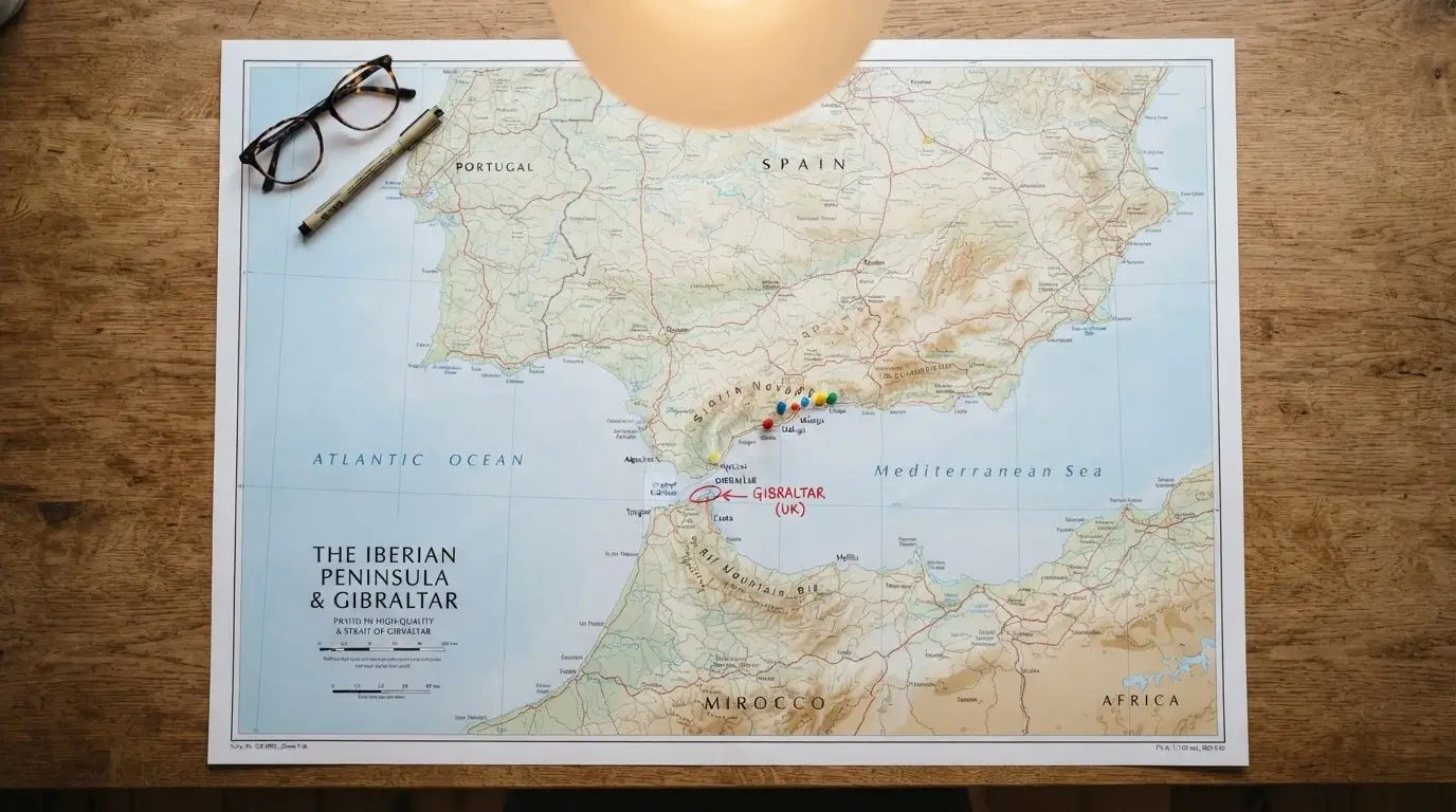 Pantalla dividida mostrando los logos de Bet365, William Hill, 888, bwin y Betway junto a un mapa de Gibraltar y la Península Ibérica