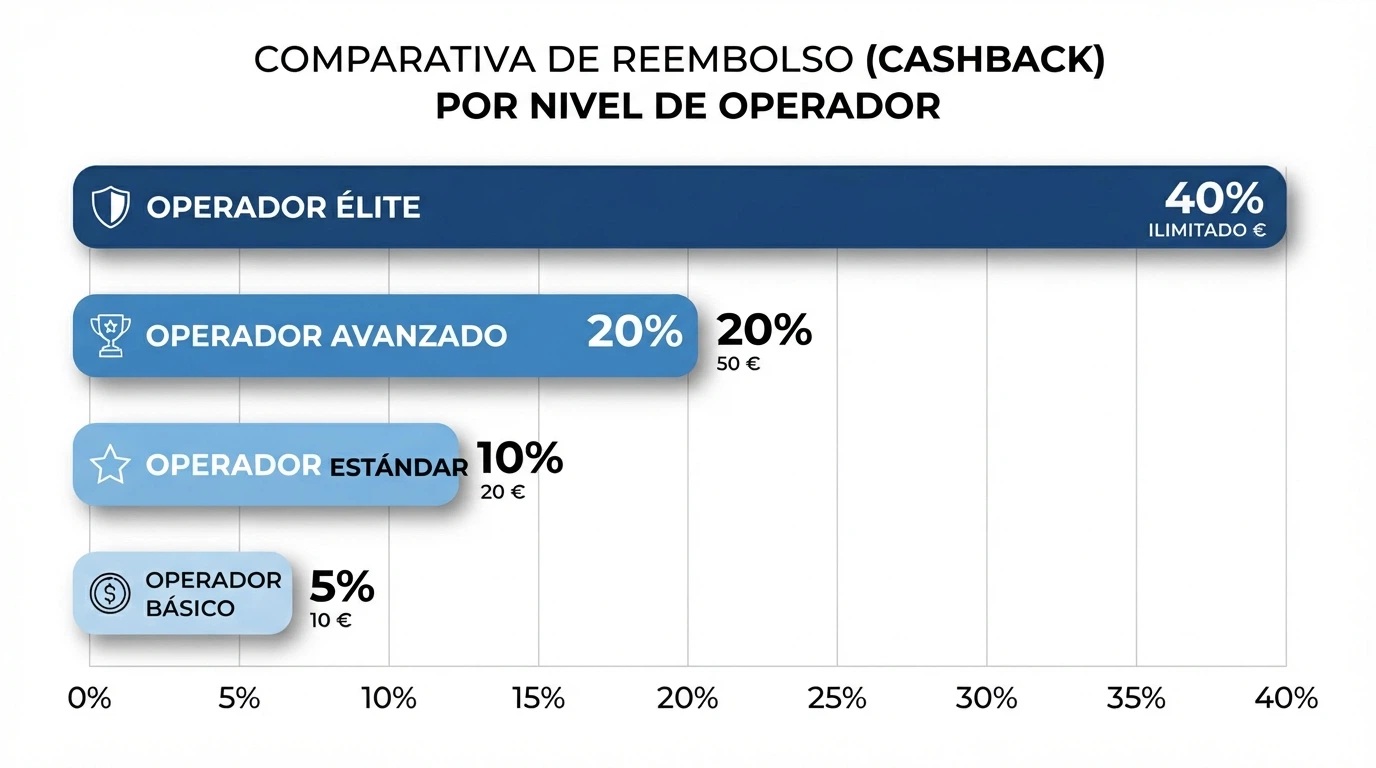 Escala visual comparando los porcentajes de reembolso de varios operadores españoles, del 5% al 40%, con sus límites máximos en euros