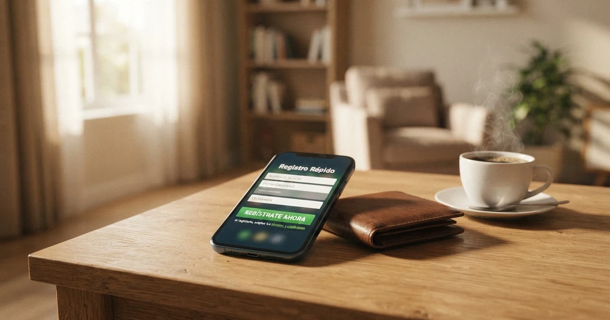 Escritorio con un móvil mostrando la pantalla de registro de un casino online español, junto a un café y una cartera cerrada — sin tarjetas ni billetes visibles