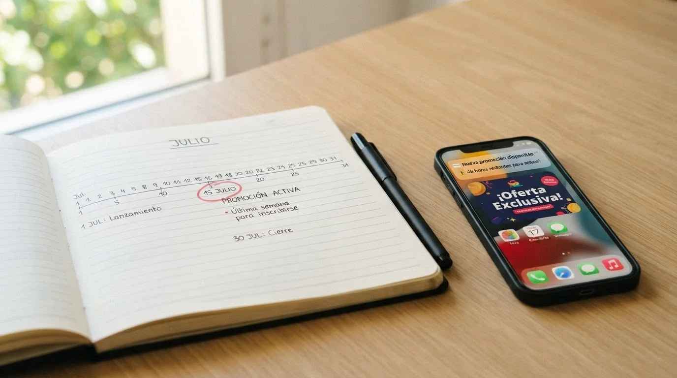 Un calendario abierto por julio con un círculo alrededor de una fecha, y una pantalla de móvil mostrando la notificación «Nueva promoción disponible — 48 horas»