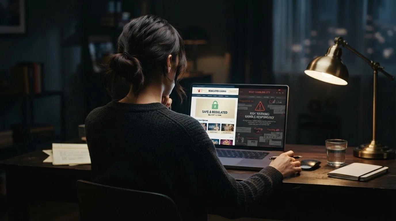 Un jugador sentado ante una pantalla dividida: a la izquierda, un casino con dominio .es y el candado de seguridad; a la derecha, una web sin identificar con un signo de advertencia
