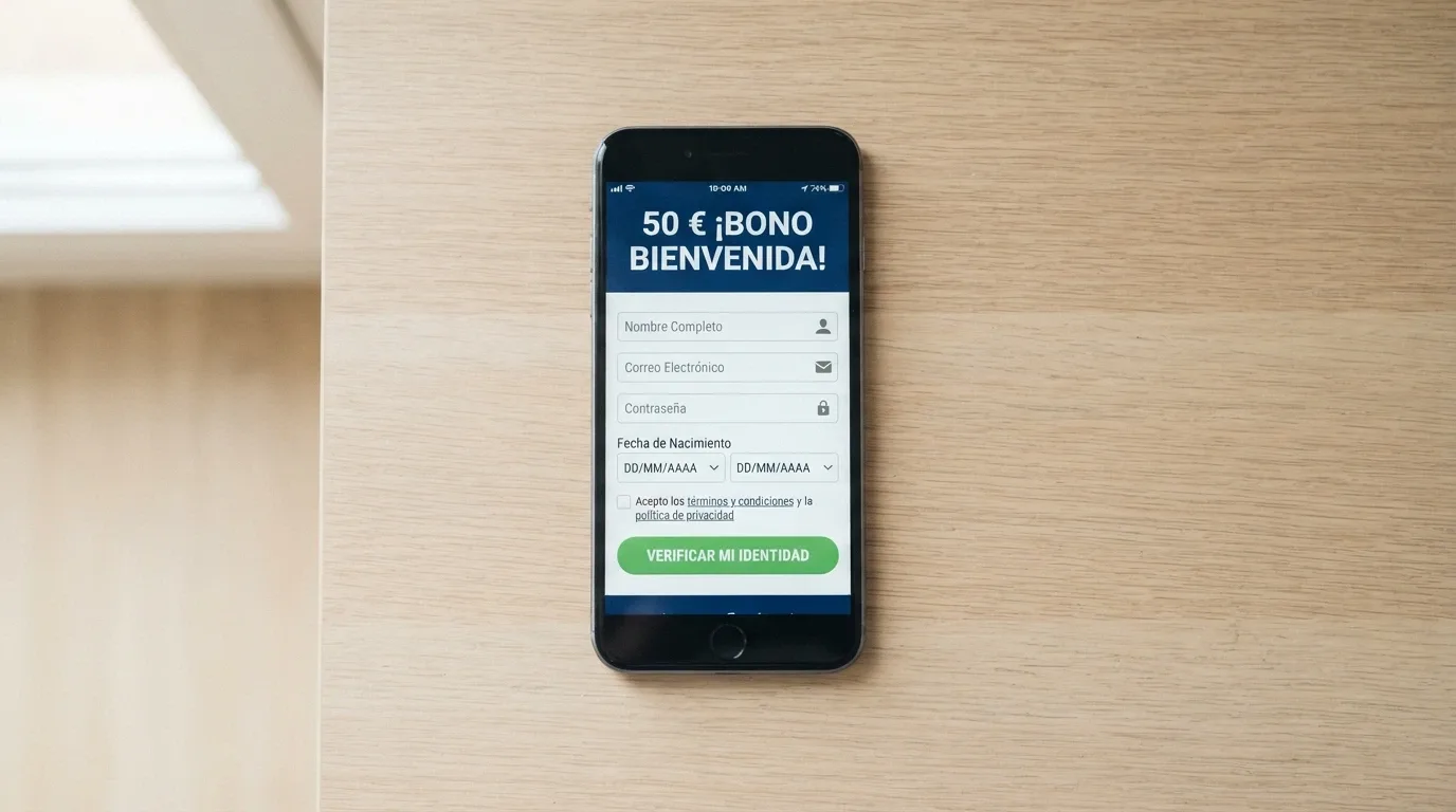 Primer plano de una pantalla de registro en un casino online con el banner de «50 € bono sin depósito» y el botón de verificación de identidad