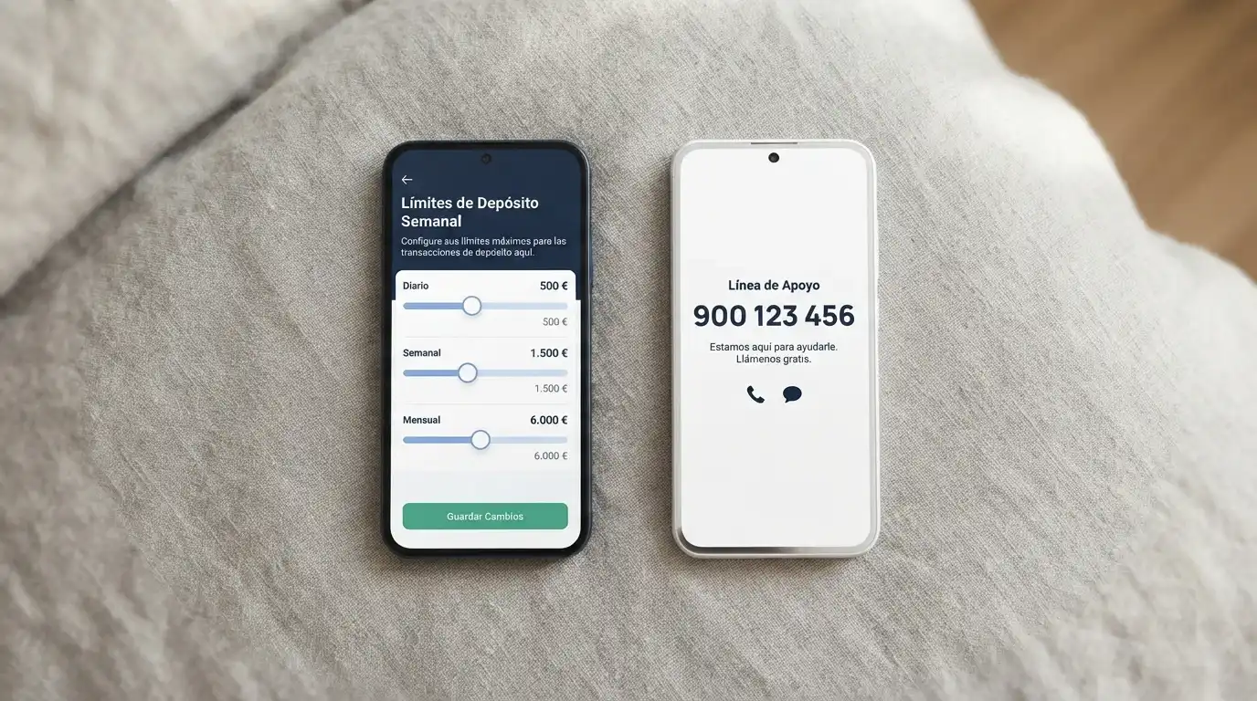 Pantalla de configuración de límites de depósito en un casino online junto a un teléfono con el número de ayuda de FEJAR