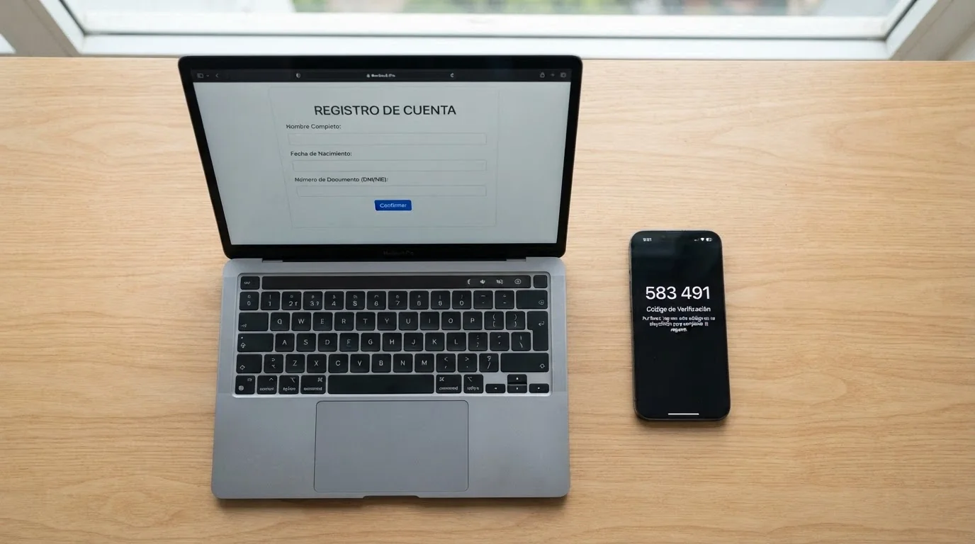 Pantalla de registro de un casino online con un formulario y un móvil mostrando un código de verificación
