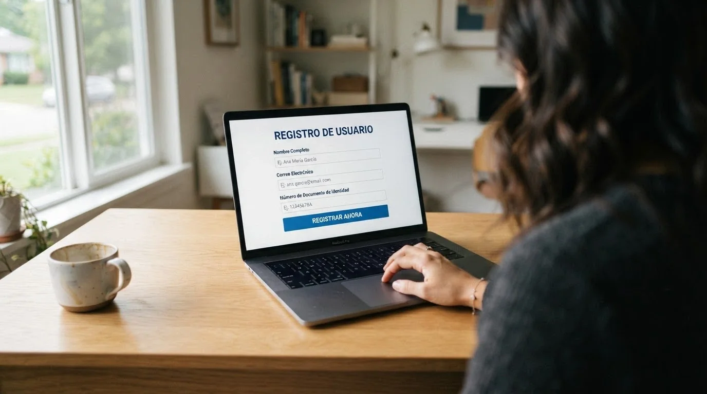 Formulario de registro en un casino online con campos de nombre, correo electrónico y DNI visibles en la pantalla