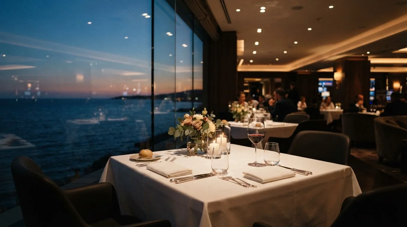Mesa vestida en el interior del restaurante del Casino Barcelona con vistas al Mediterráneo