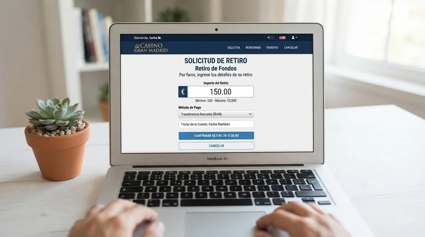 Un ordenador portátil mostrando la sección de «Retirada» de un casino online en euros con el campo de importe y el menú de métodos de pago