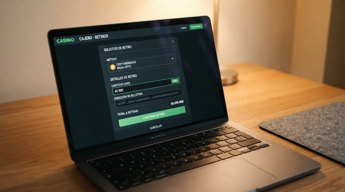 Interfaz de retirada en un casino cripto con USDT seleccionado como método de cobro y el campo de cantidad completado