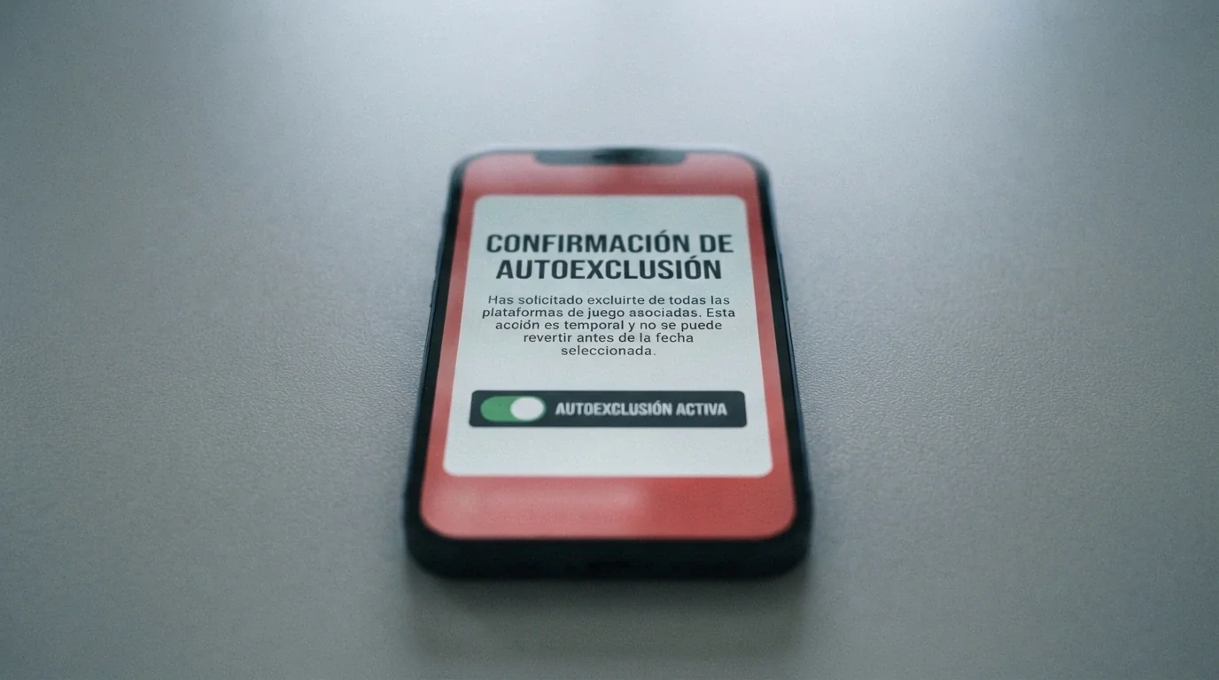 Un teléfono móvil con la pantalla de autoexclusión del RGIAJ, rodeado de un marco rojo que simboliza el bloqueo de acceso uniforme a todos los operadores