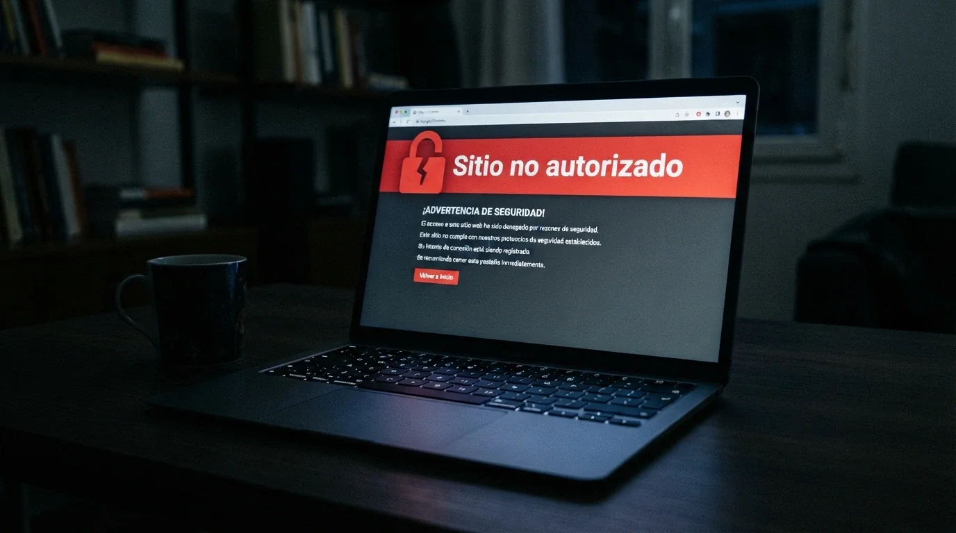 Pantalla de advertencia con el texto «Sitio no autorizado» y un candado roto sobre el dominio de un operador sin licencia
