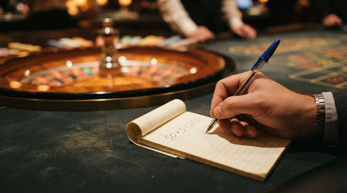 Una calculadora con el número 50 multiplicando a 5 euros sobre un fondo de ruleta de casino