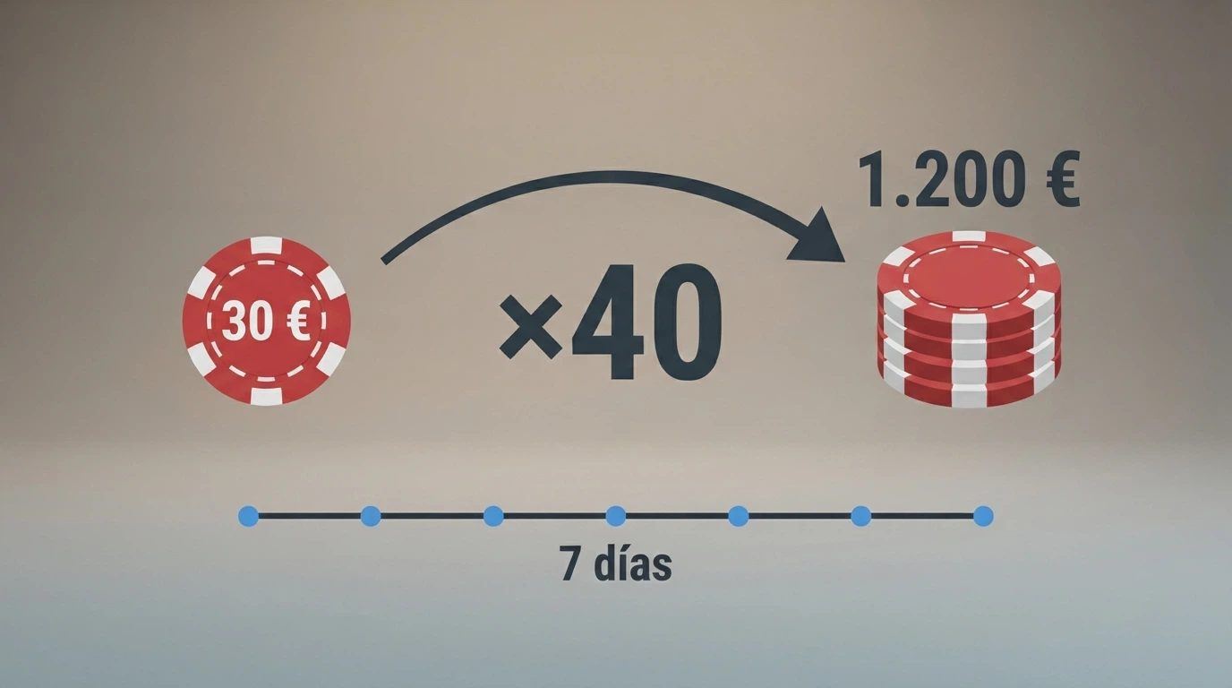 Esquema visual con una ficha de 30 € que se multiplica por 40 para llegar a 1.200 €, con un calendario que marca 7 días