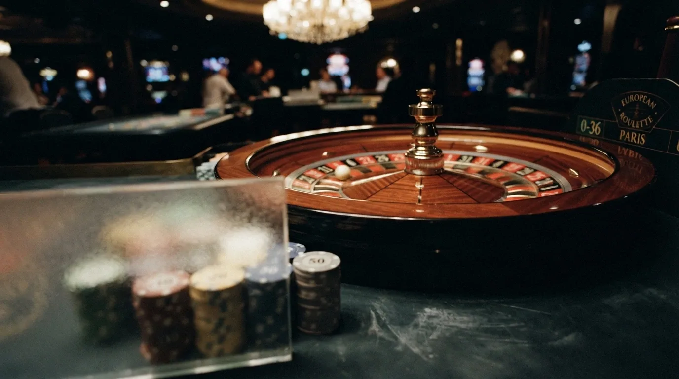 Primer plano de una ruleta de casino con billetes de euro parcialmente tapados por un cristal esmerilado que representa las condiciones de apuesta