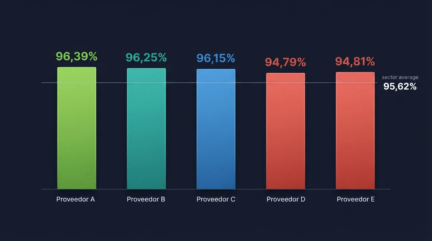 Una barra de porcentaje que compara visualmente el RTP de varios proveedores, con NetEnt en verde (96,39%) y el extremo bajo en rojo (~94,8%)
