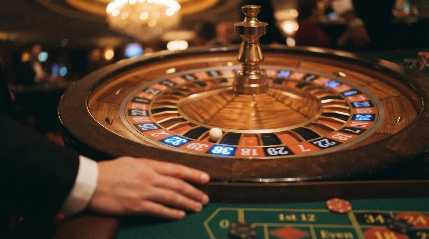 Una ruleta relámpago con números iluminados por rayos sobre una mesa de Evolution Gaming, con el crupier visible al fondo