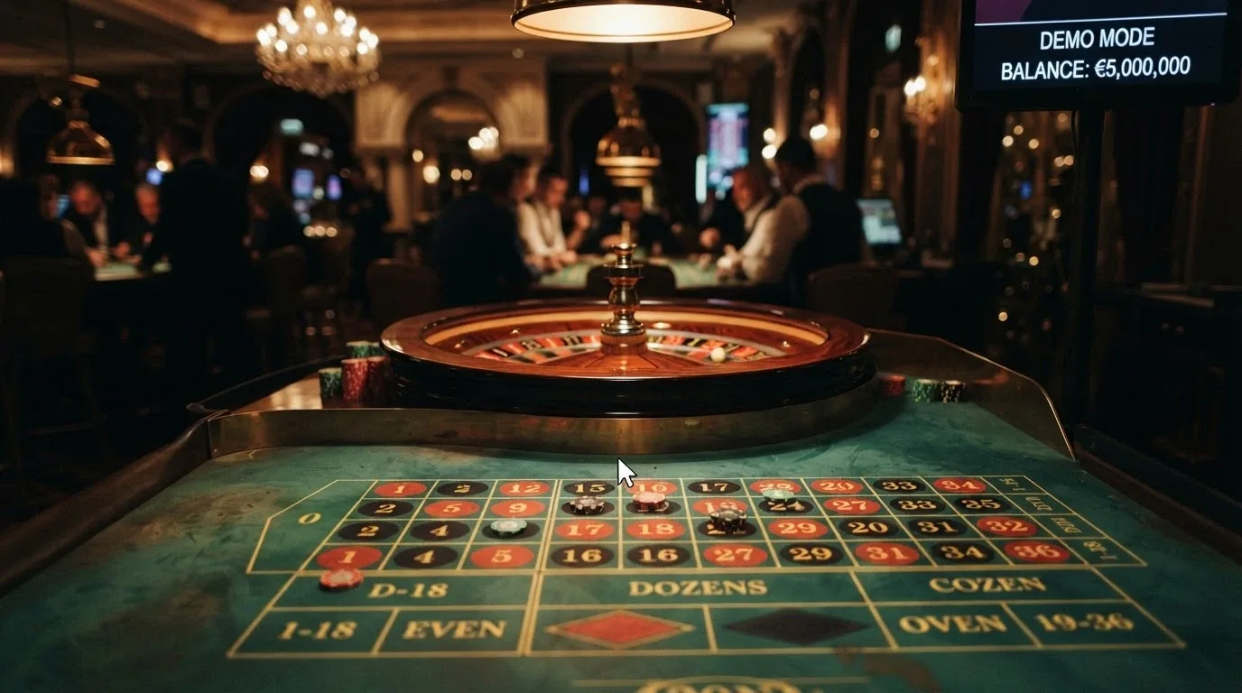 Una ruleta europea en modo demo con el cursor sobre el cero único, mostrando el panel de apuestas y el saldo ficticio