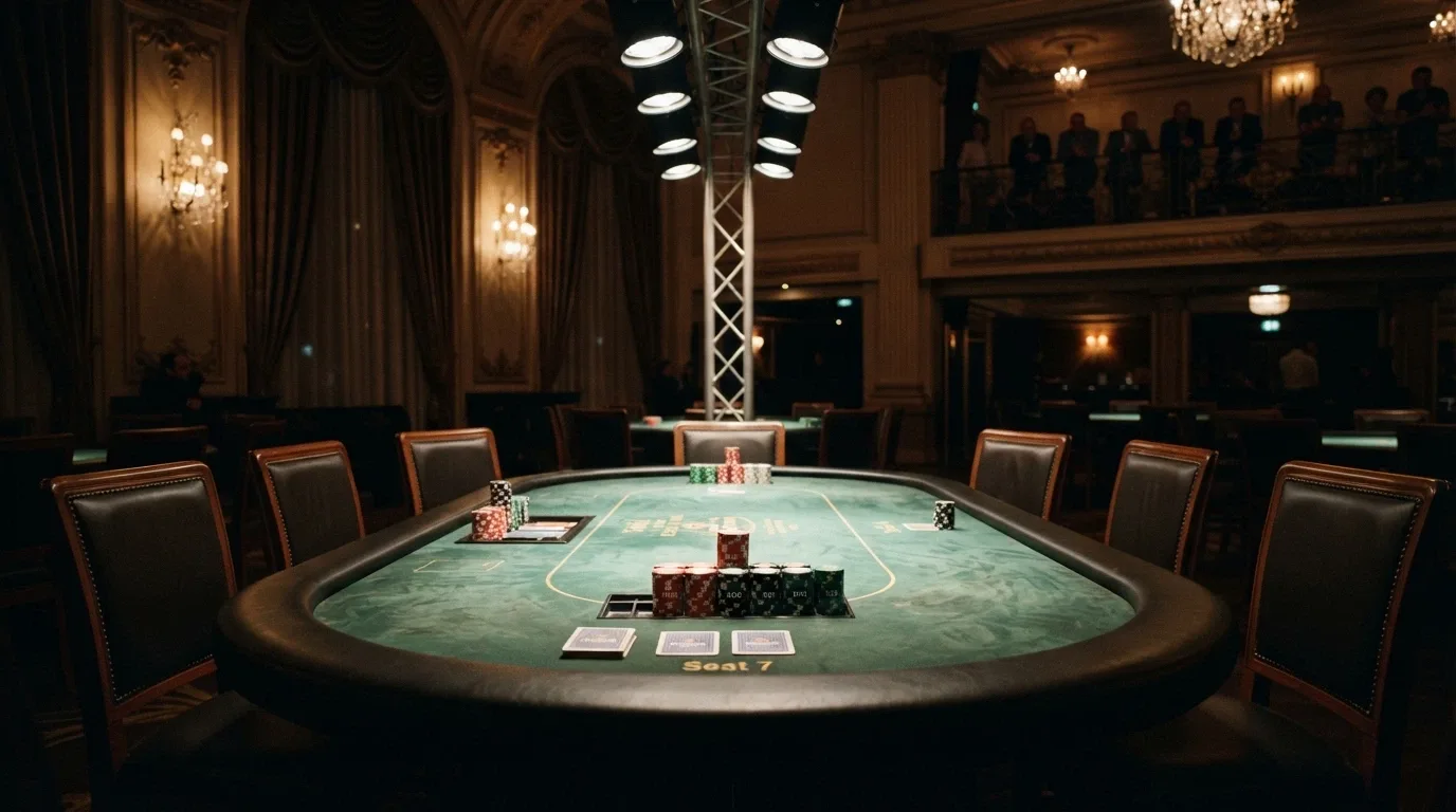 La sala de poker del Casino Barcelona con jugadores sentados en una mesa de torneo bajo luces de estadio