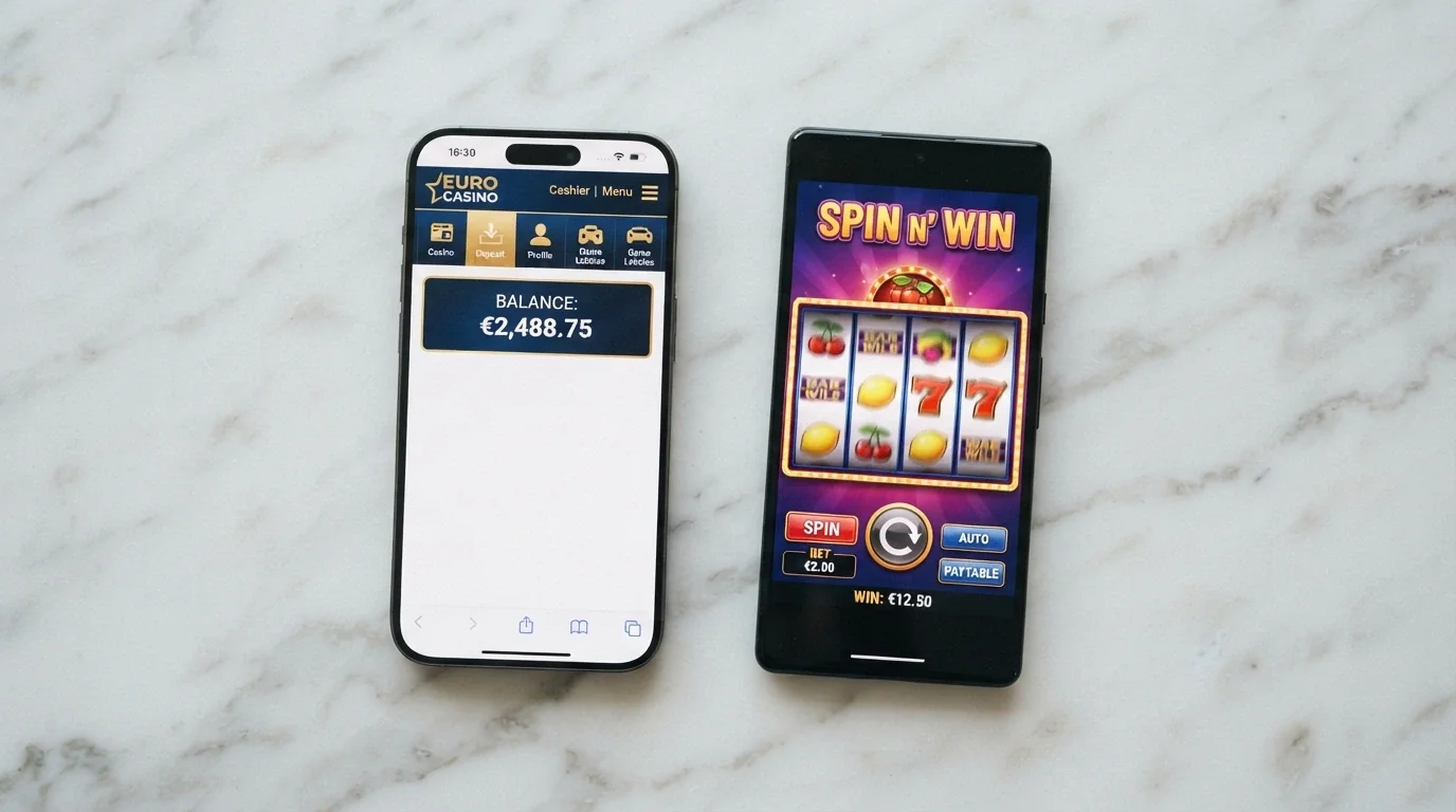 Dos pantallas de casino superpuestas: una muestra saldo promocional en euros, la otra muestra tiradas disponibles en una tragamonedas