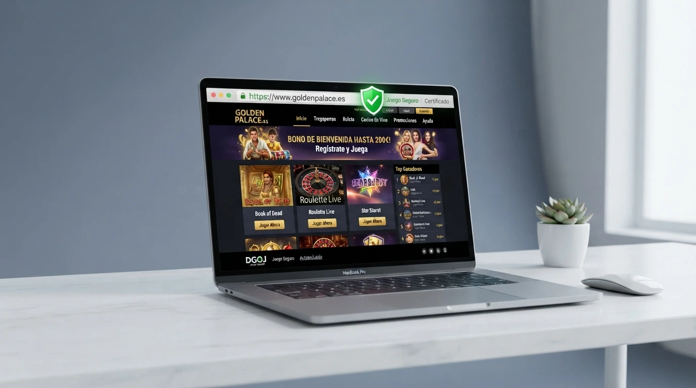 Pantalla de inicio de un casino con licencia DGOJ mostrando el sello de Juego Seguro y el dominio .es en la barra de direcciones