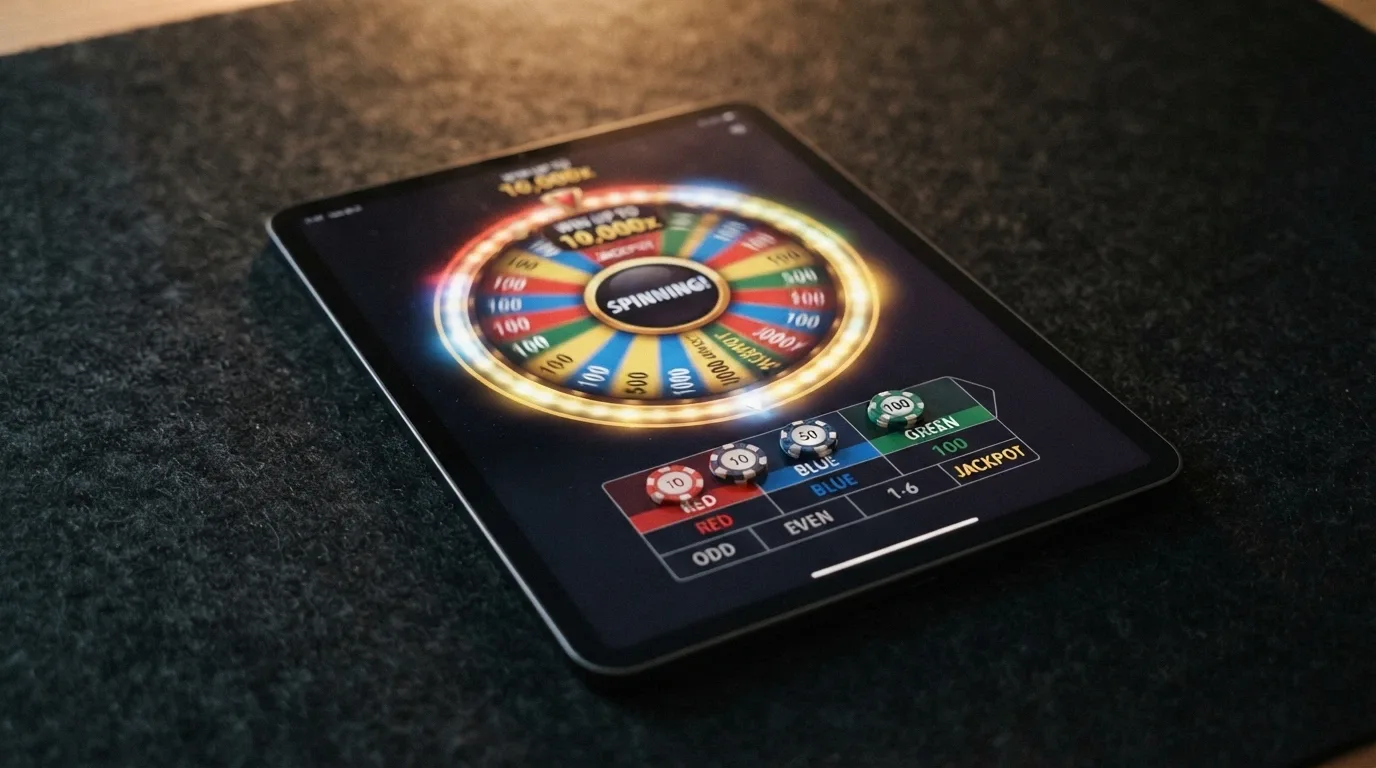 Pantalla de un simulador gratuito de Crazy Time con la rueda en movimiento y fichas virtuales sobre la mesa de apuestas