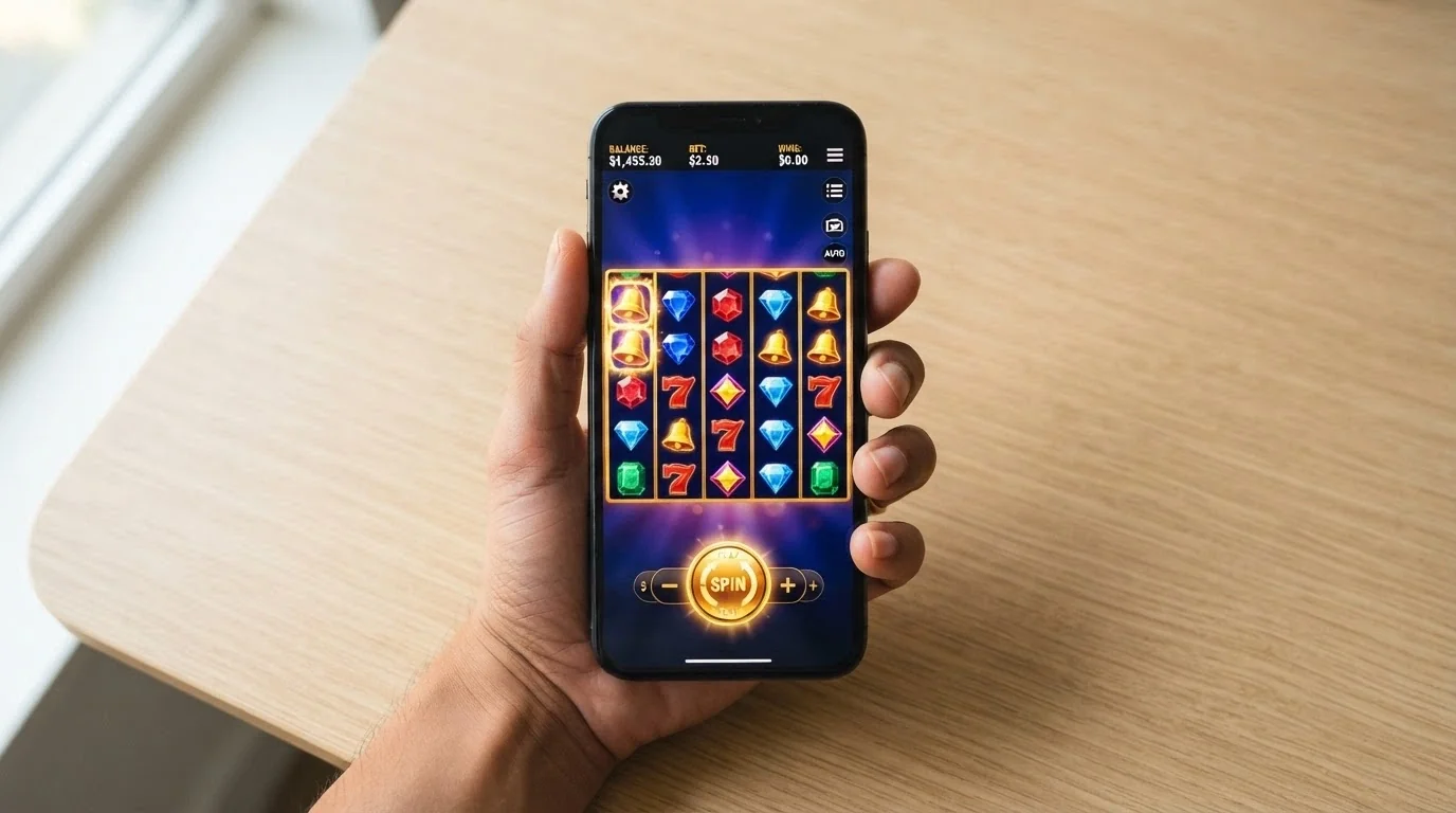 Mano sosteniendo un smartphone con una tragaperra Megaways de BTG en pantalla
