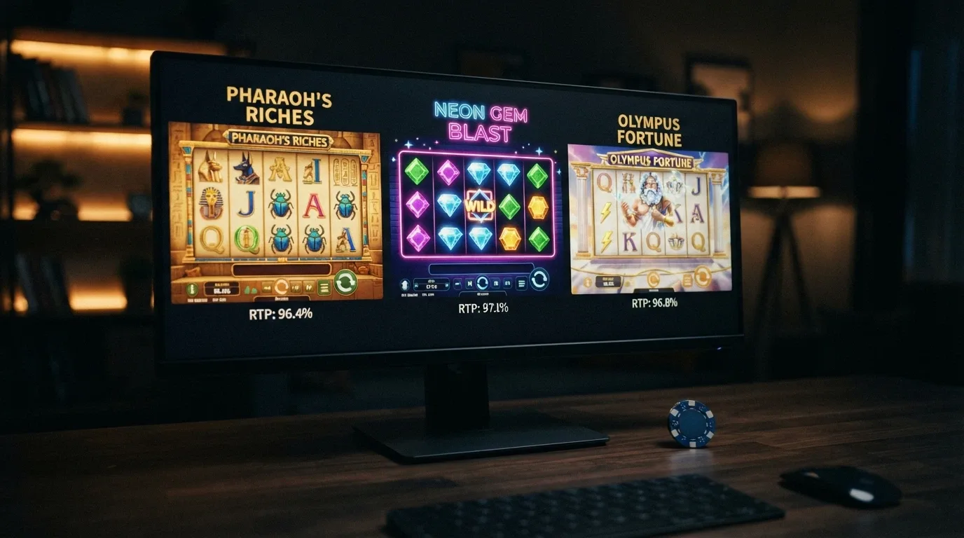 Pantalla de los slots Book of Dead, Starburst y Gates of Olympus con sus RTP visibles en la ficha de juego