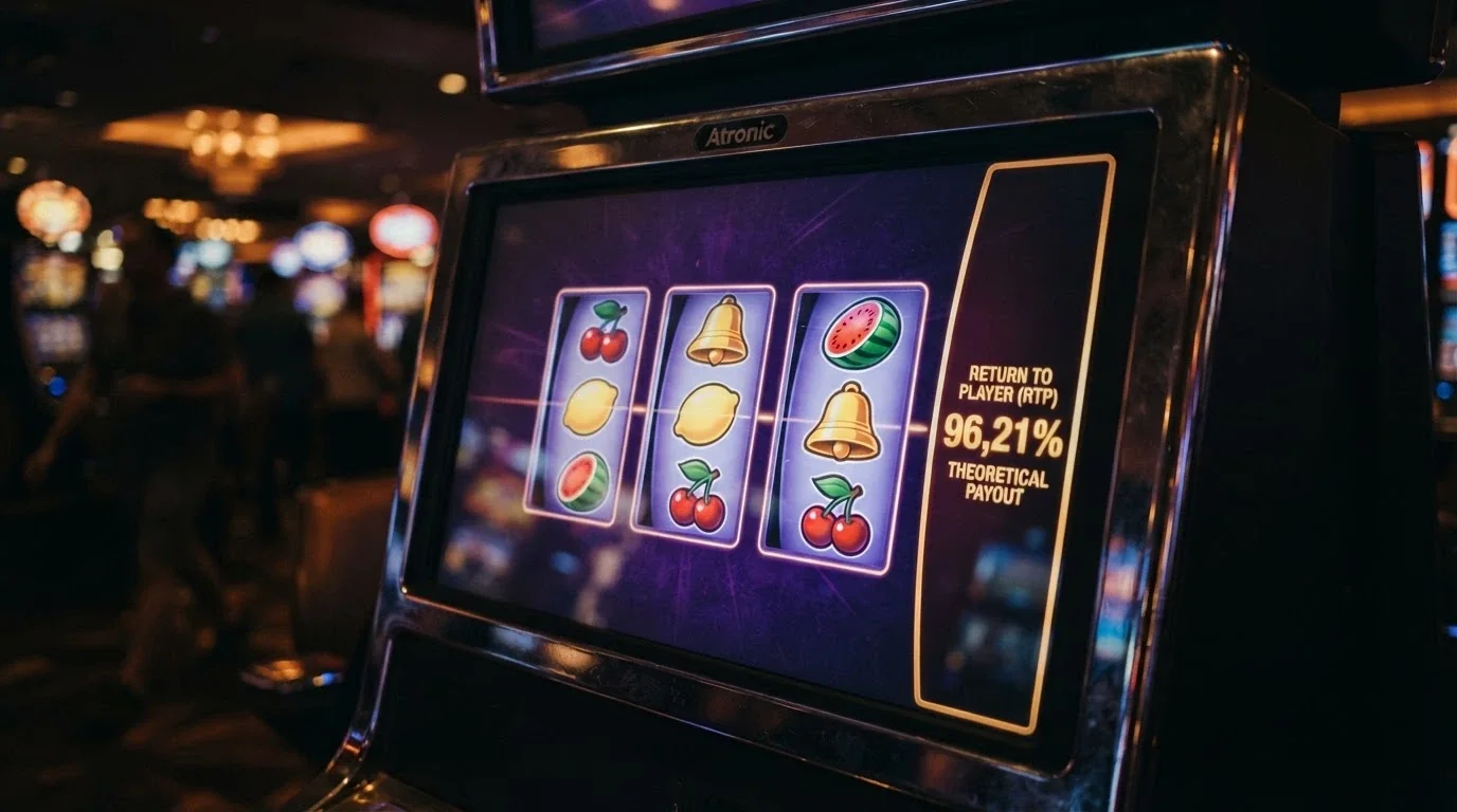 Primer plano de una pantalla de slot digital con los carretes detenidos mostrando símbolos de frutas y una barra lateral con el porcentaje «RTP 96,21%» resaltado en dorado