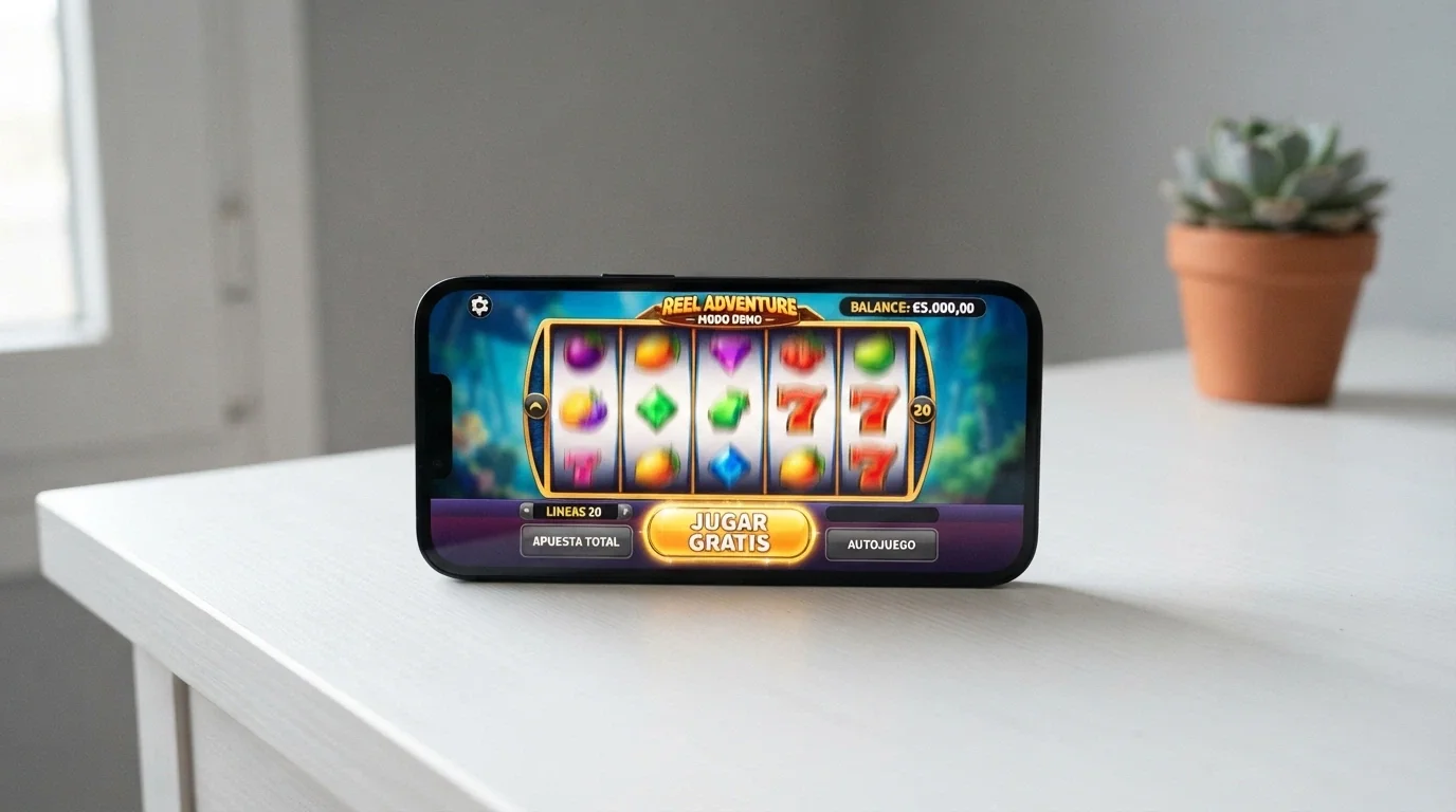 Pantalla de un slot en modo demo con saldo ficticio y el botón «jugar gratis» visible