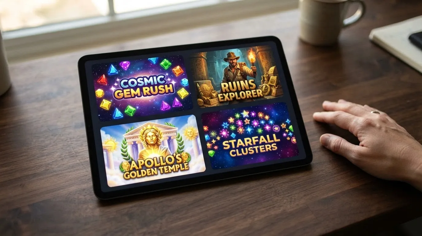 Una cuadrícula de carátulas de slots del grupo Evolution: Starburst, Gonzo's Quest, Apollo Pays y Star Cluster II con sus gráficos característicos