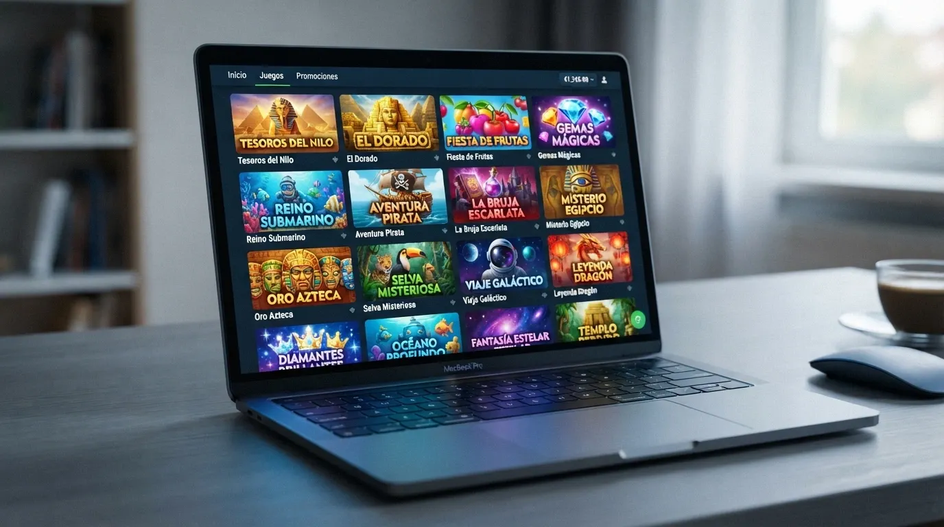 Una cuadrícula de tragaperras online populares — Book of Dead, Starburst, Big Bass Bonanza — con sus carretes en movimiento en una interfaz de casino