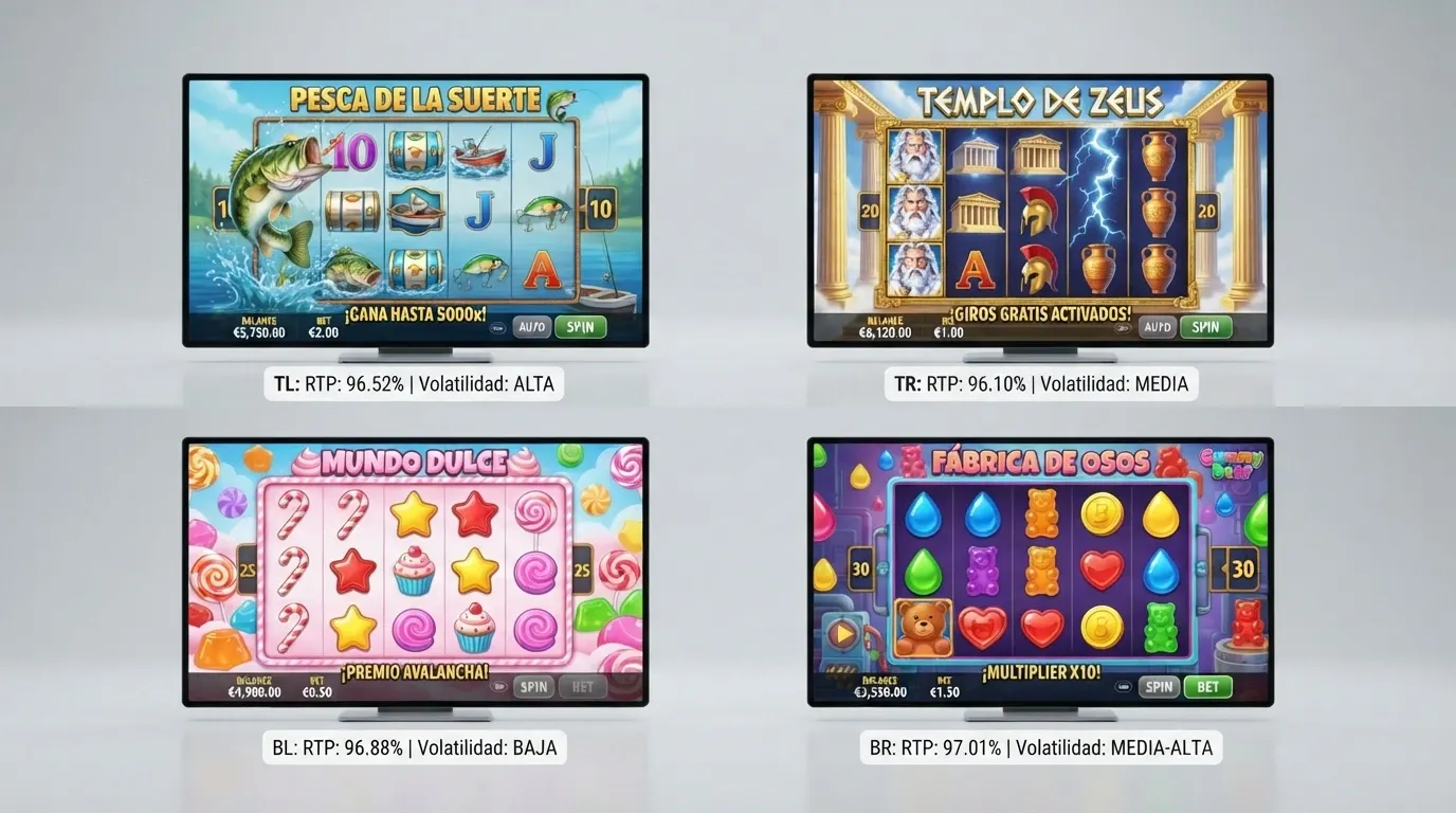 Una cuadrícula con cuatro carátulas de slots — Big Bass Bonanza, Gates of Olympus, Sweet Bonanza, Sugar Rush — cada una con su porcentaje de RTP y clase de volatilidad debajo