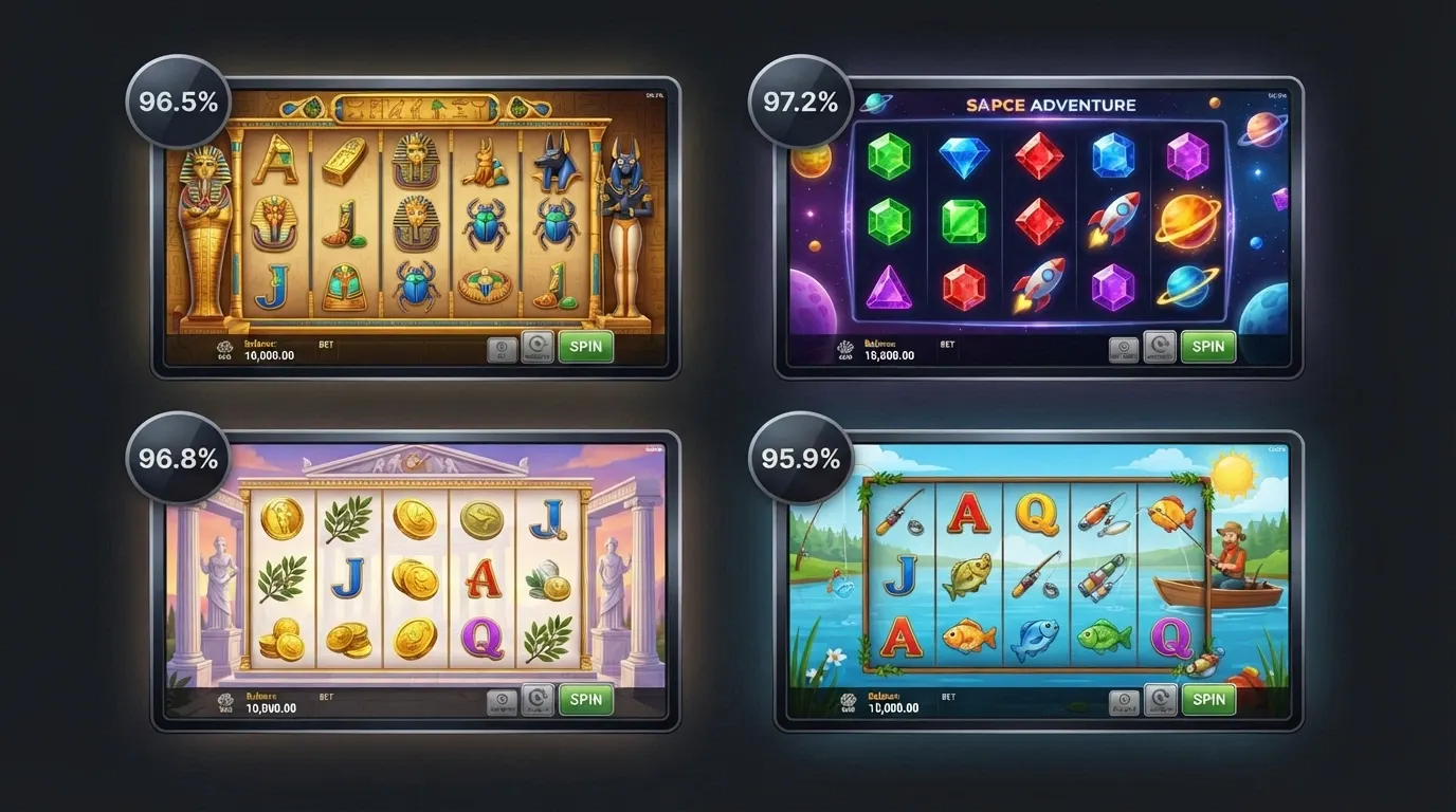 Una cuadrícula de cuatro carátulas de slots (Book of Dead, Starburst, Gates of Olympus, Big Bass Bonanza) con sus porcentajes de RTP superpuestos en una esquina