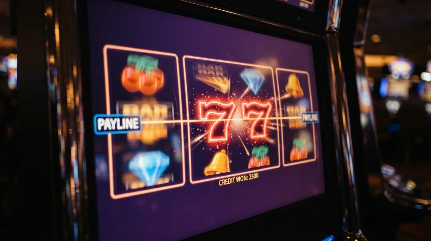 Pantalla de tragaperras online con rodillos coloridos y el logotipo del proveedor de juegos visible