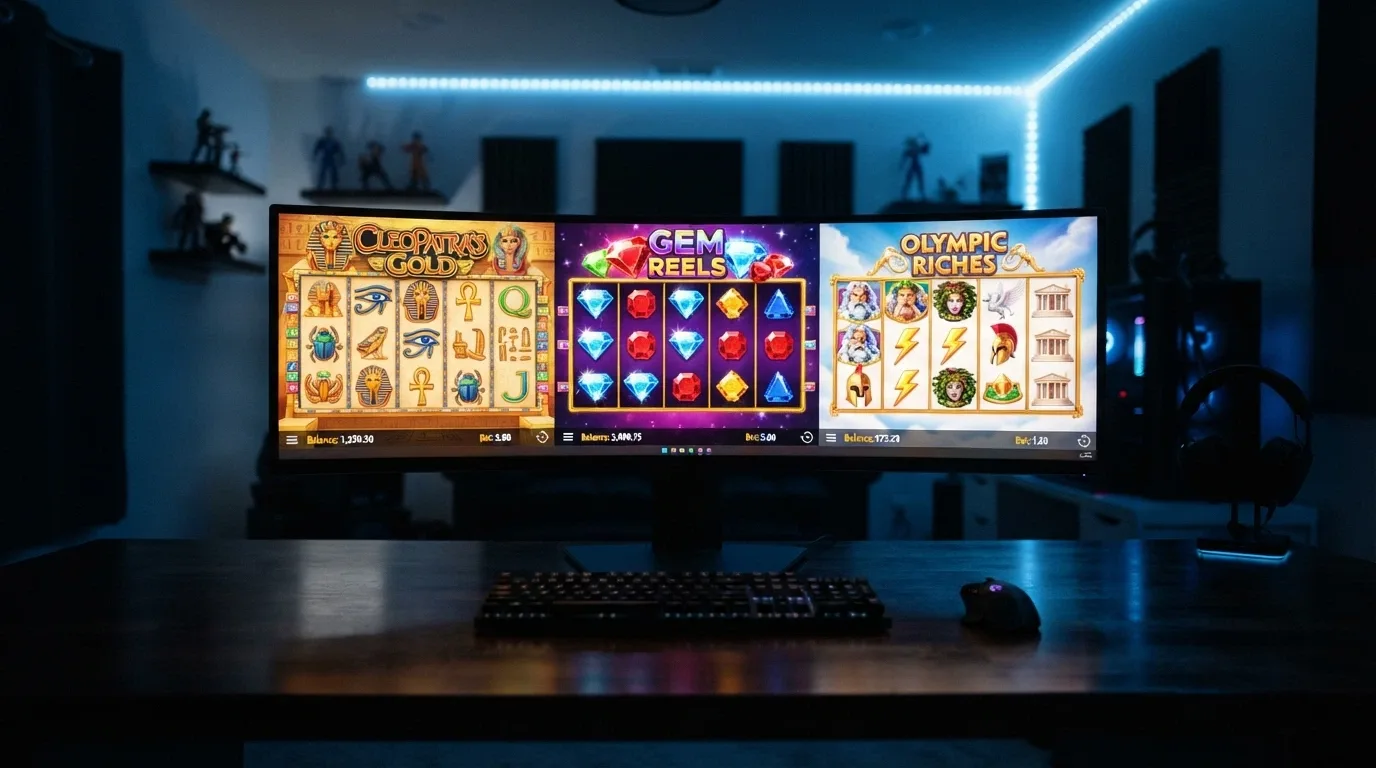 Varias tragamonedas online en pantalla con sus carretes girando y los logotipos de Play'n GO, NetEnt y Pragmatic Play visibles