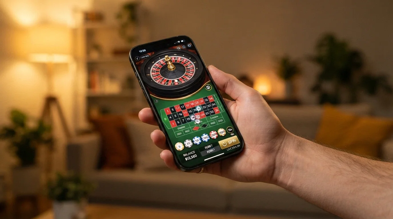 Una mano sostiene un teléfono en horizontal mostrando una mesa de ruleta en vivo de Evolution con la interfaz táctil de apuestas desplegada
