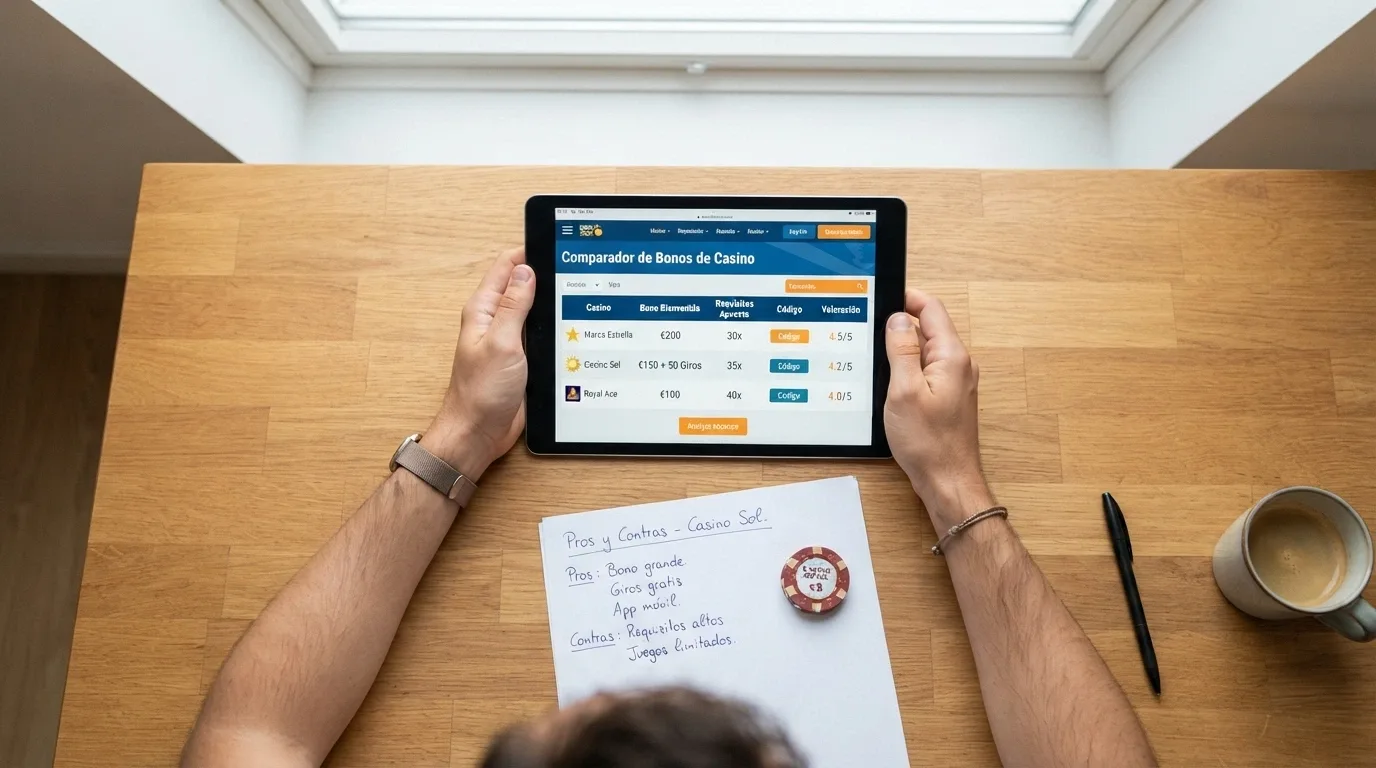 Representación visual de una tabla comparativa con columnas de operador, bono, rollover y validez