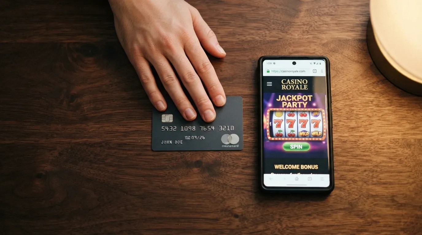 Plano detalle de una mano apoyada sobre una tarjeta de crédito junto a un teléfono móvil que muestra el dominio .es de un casino online autorizado, con la luz de la pantalla reflejada en la tarjeta