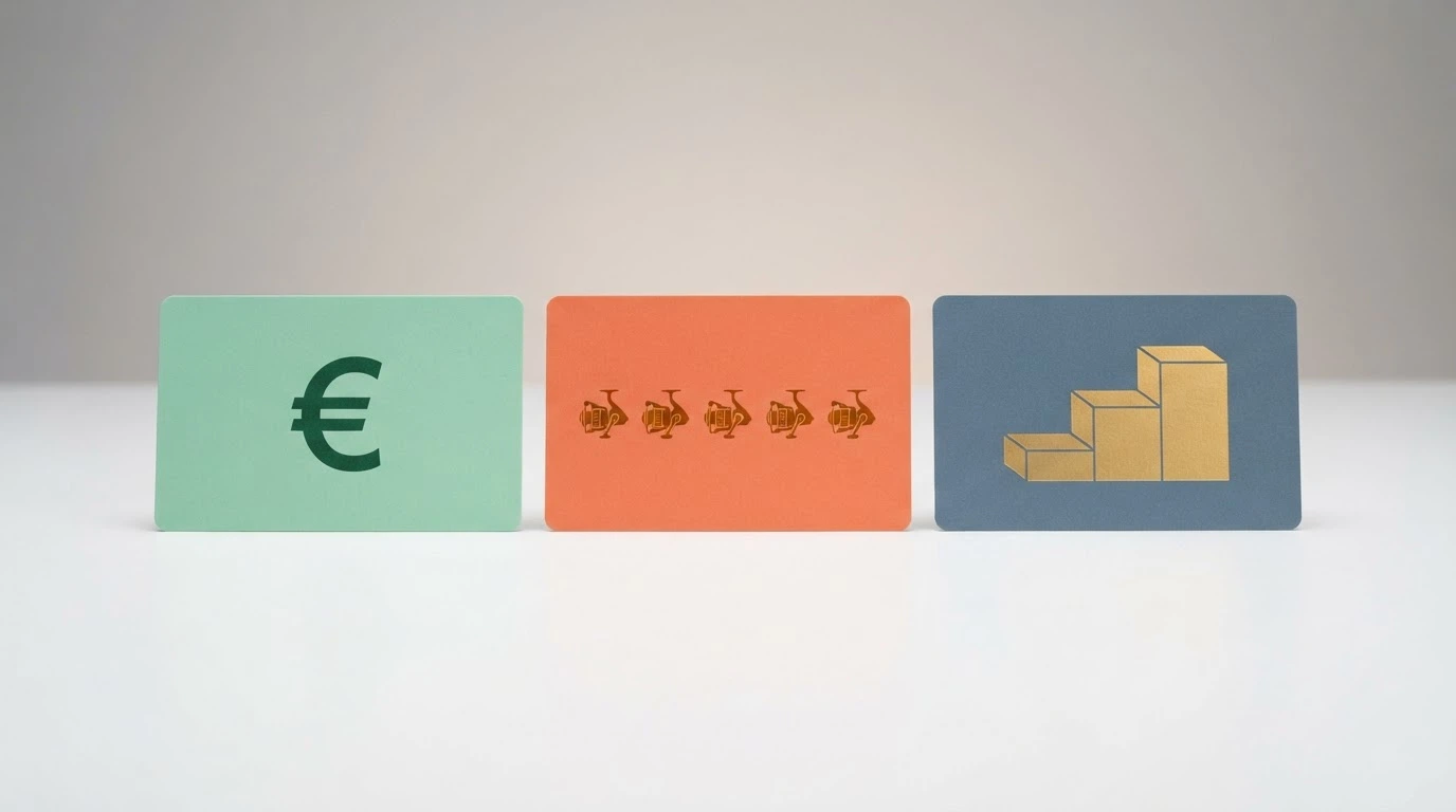 Tres tarjetas ilustrando los tipos de bono sin depósito: saldo en euros, tiradas gratis y bono de registro escalonado