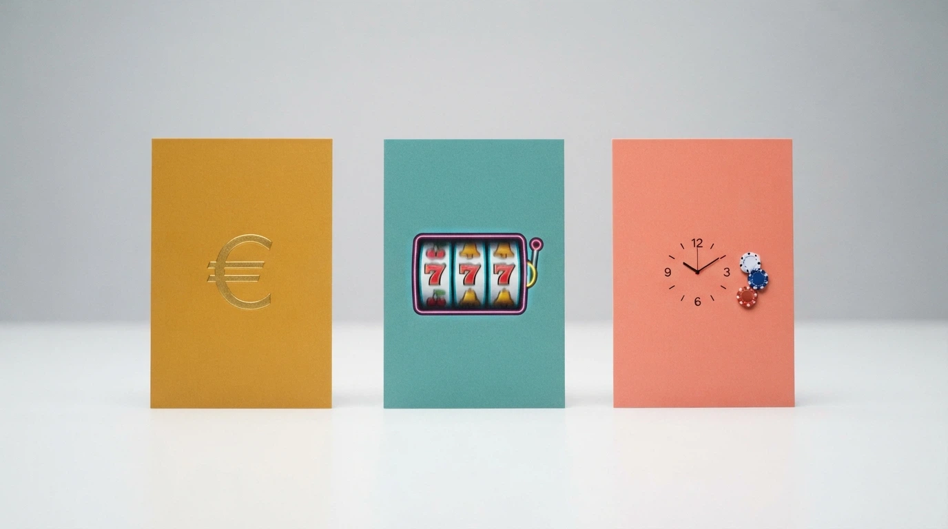 Tres tarjetas alineadas mostrando iconos: un billete de 20€ (bono en efectivo), una slot girando (tiradas gratis) y un reloj con fichas (saldo de juego temporal)