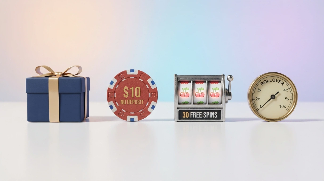 Cuatro iconos que representan los tipos de bono: regalo de bienvenida, moneda sin depósito, tiradas gratuitas y medidor de rollover bajo
