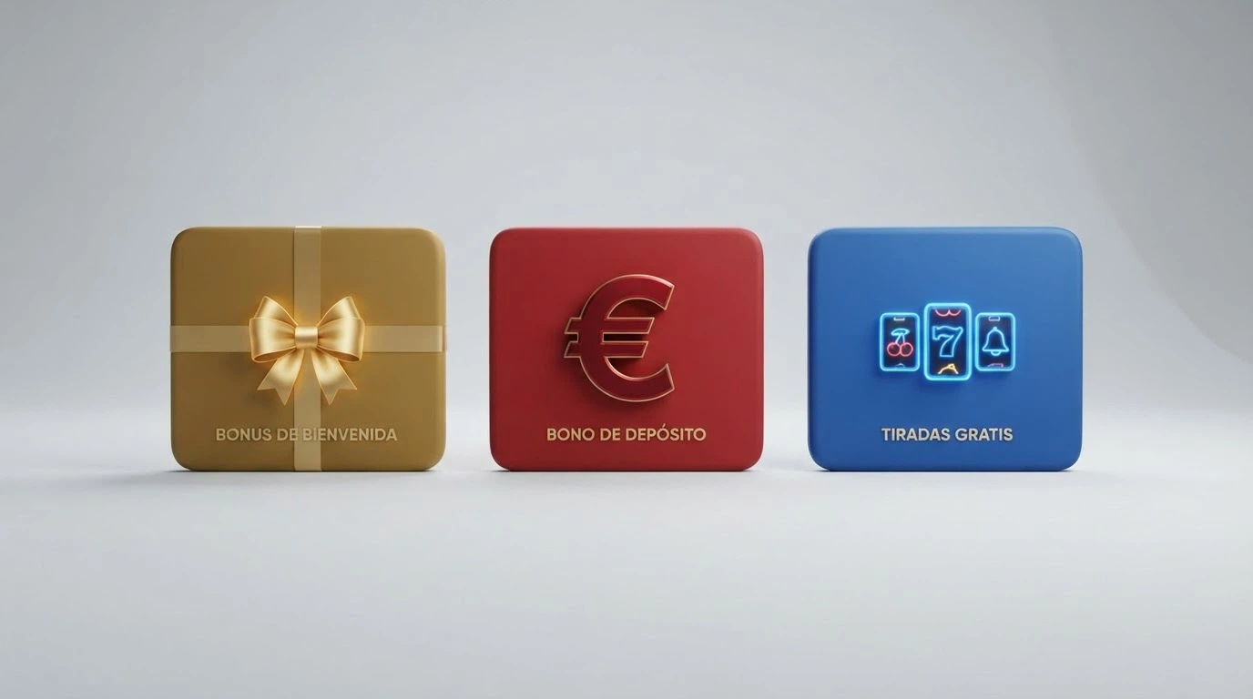 Distintos tipos de bonos de casino —bienvenida, sin depósito, tiradas gratis— organizados en tarjetas comparativas