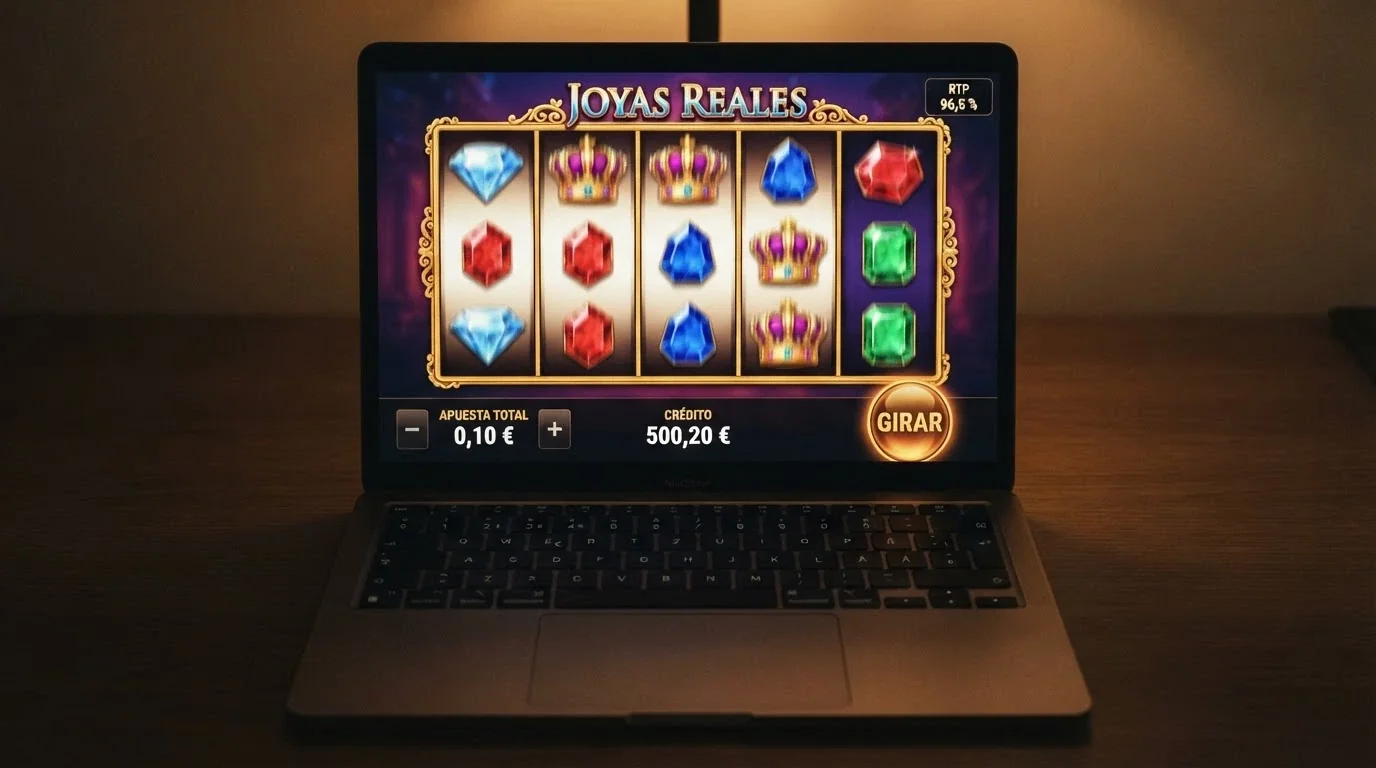 Interfaz de una tragaperras online mostrando los rodillos, la apuesta de 0,10€ y el panel de información con el RTP