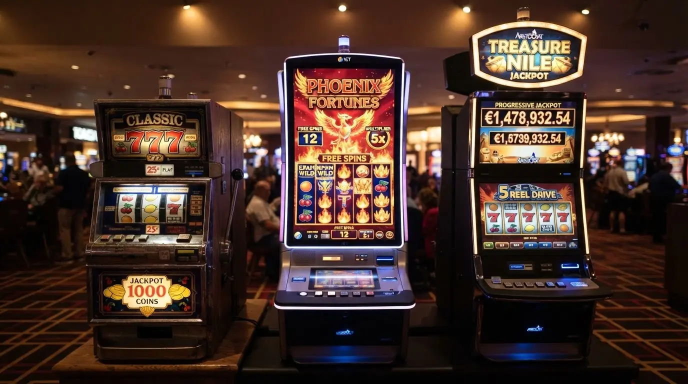Tres tragaperras en fila: una clásica de frutas con tres carretes, una moderna con ronda de bonus activada y una progresiva con el contador de jackpot en millones