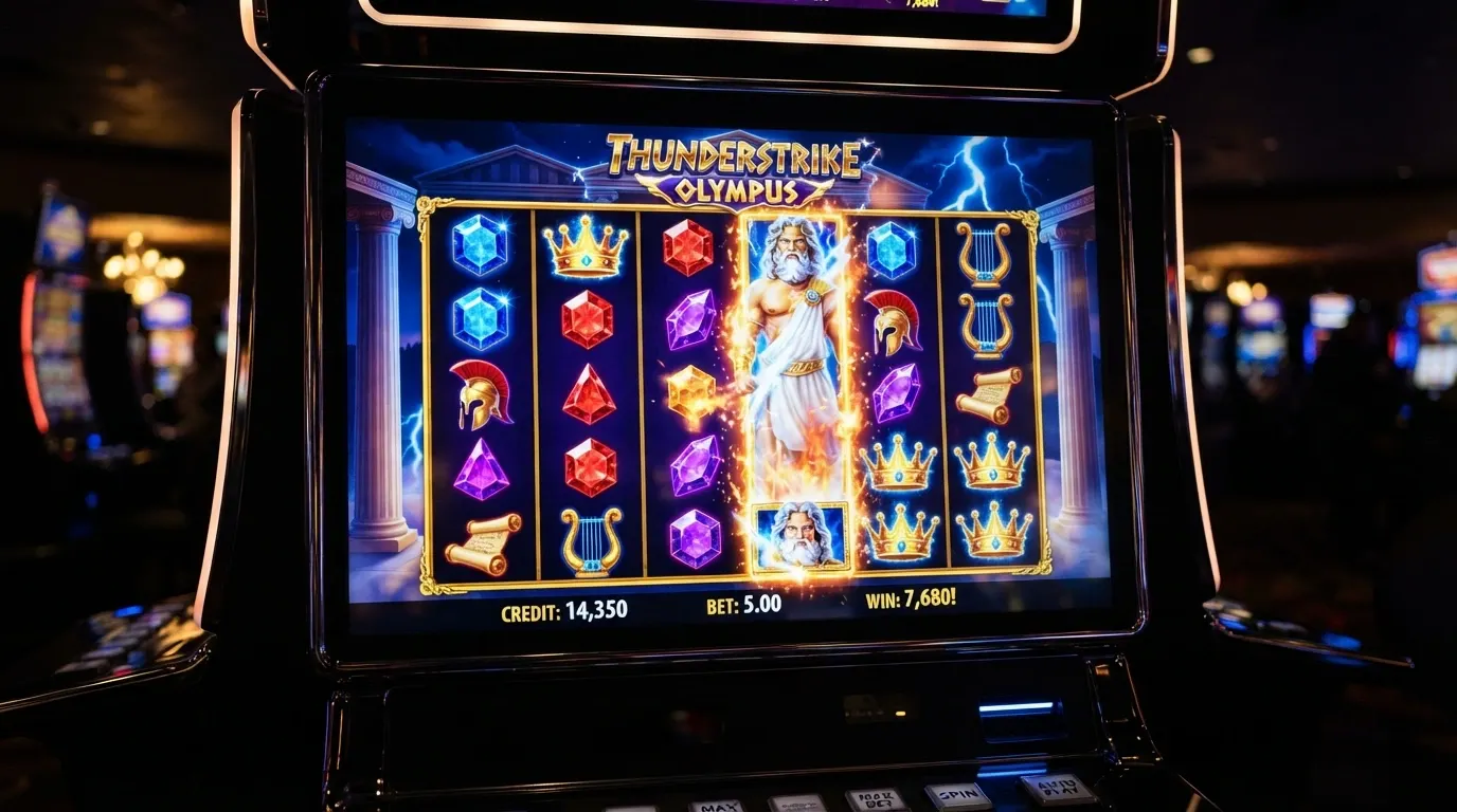 Pantalla del slot Gates of Olympus con su cuadrícula 6x5 y los símbolos de Zeus y la mitología griega