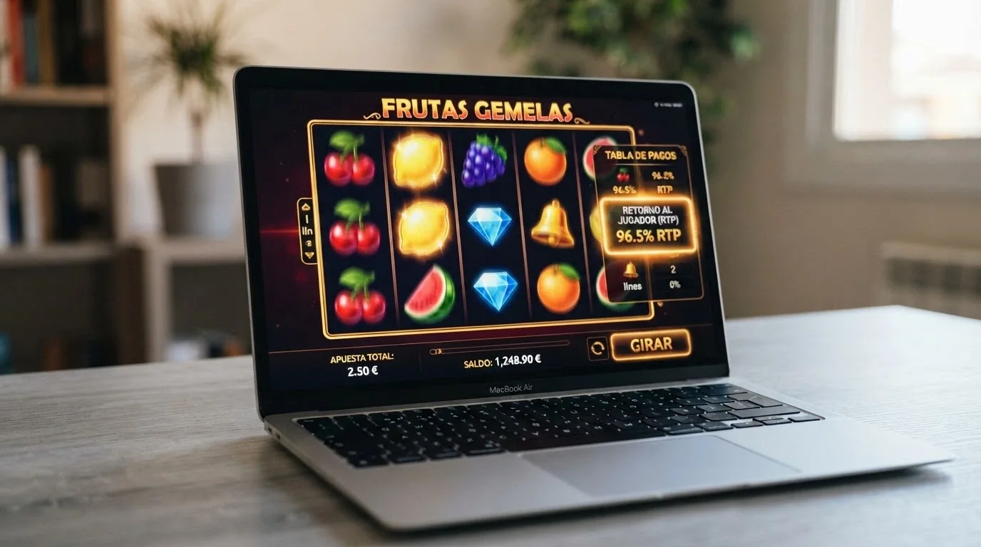 Primer plano de la pantalla de una tragaperras online mostrando la tabla de pagos y el porcentaje de RTP resaltado en la esquina