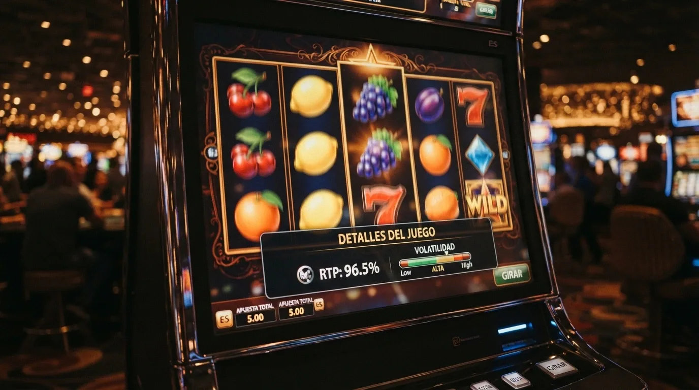 Pantalla de una tragaperras online con la ficha de información del juego abierta mostrando el porcentaje de RTP y la volatilidad
