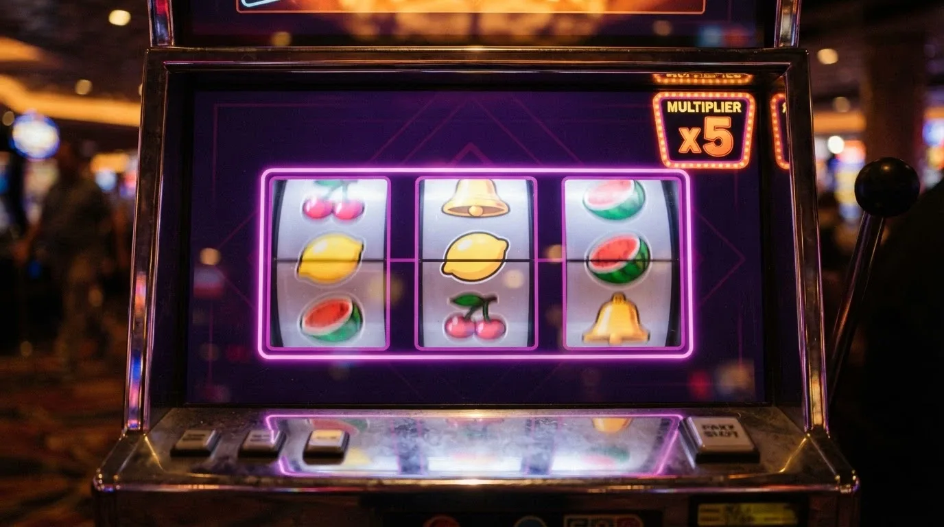 Interfaz de una tragaperras online con carretes de colores mostrando símbolos de frutas y un marcador de multiplicador en la esquina